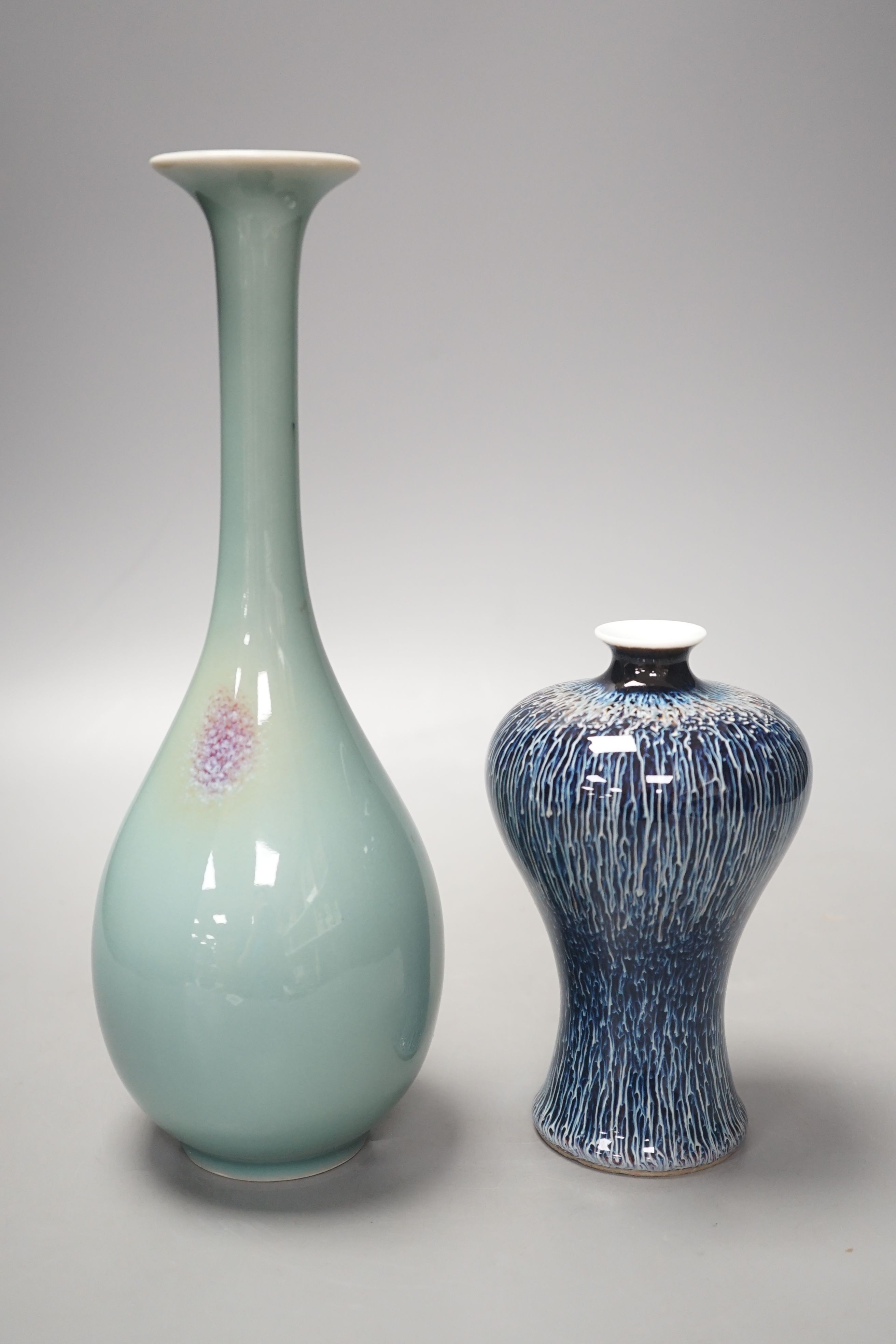 A Chinese turquoise flambe vase and a, flambé meiping, 28 cms high.